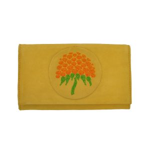 Ladies clutch with a hand-sewn graphic